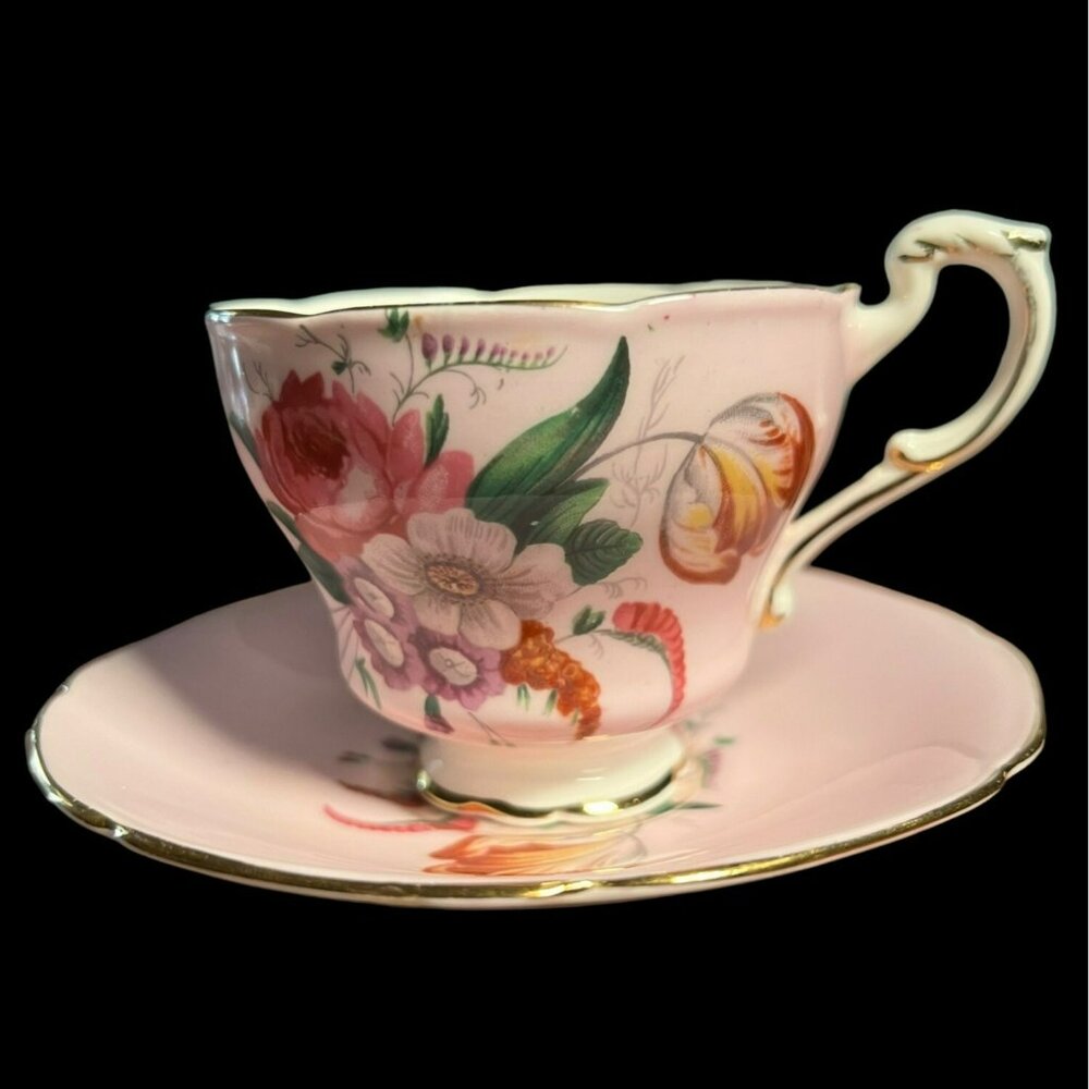 VTG Paragon English Bone China Footed Teacup and Saucer Pink and Floral on White
